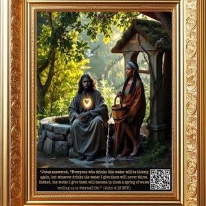 Depiction of Jesus at the well, breaking barriers with the Samaritan woman!Print